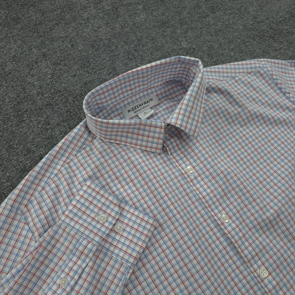 Mizzen‎ Main Shirt Mens XL White Check Performance Stretch Classic Fit Dress